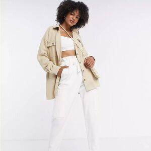 Noisy May Curve Flanny Long Sleeve Long Shacket in Sand